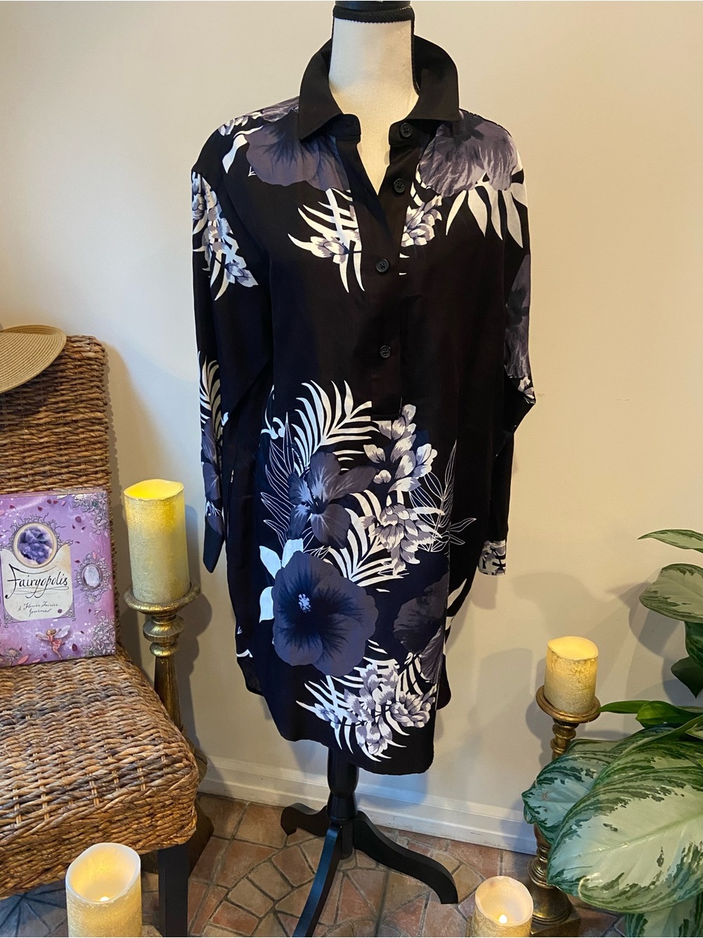 Banana Republic Black Floral Long-Sleeve Shirt Dress